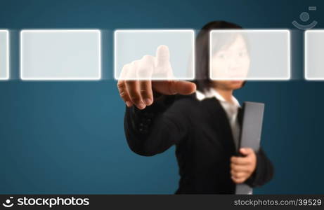 business woman pressing a touch screen interface