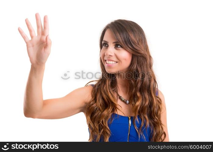 Business woman pressing a touchscreen, isolated over white