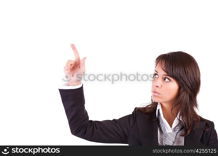 Business woman pressing key, isolated over white