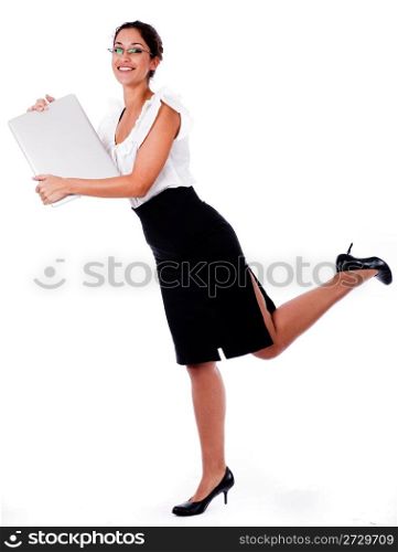 Business Woman raise his left leg with laptop full length,indoor studio