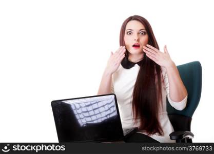 business woman reading bad news at laptop isolated on white background