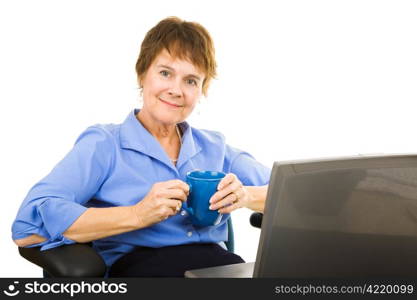 Business woman relaxing with a cup of coffee. Isolated on white.