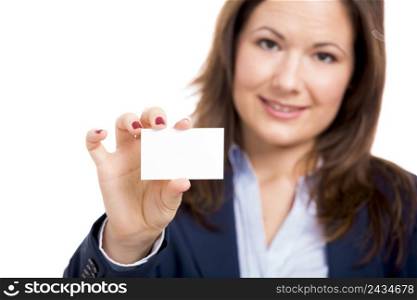 Business woman showing a business card, isolated over white background