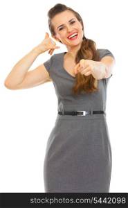 Business woman showing call me gesture
