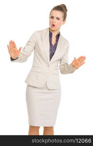 Business woman showing calm down gesture