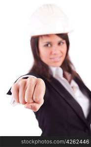 Business woman showing closed hand - focus on hand