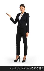Business woman showing copyspace. Business woman pointing showing copyspace, isolated on white background