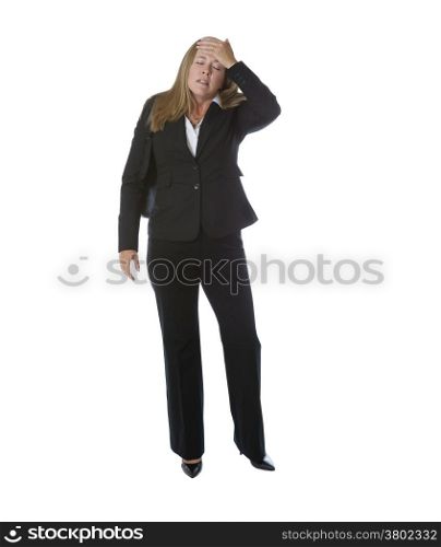 Business woman, showing frustration, with laptop carry case on her shoulder while isolated on white