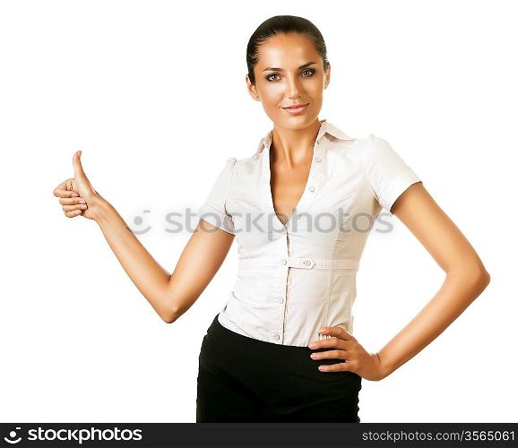 business woman showing ok gesture on white background