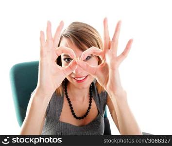 Business woman showing ok sign on white background