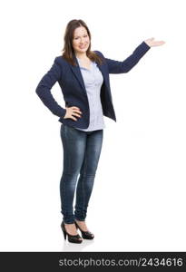 Business woman showing something with her left hand and looking to the camera, isolated over white