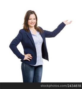 Business woman showing something with her left hand and looking to the camera, isolated over white