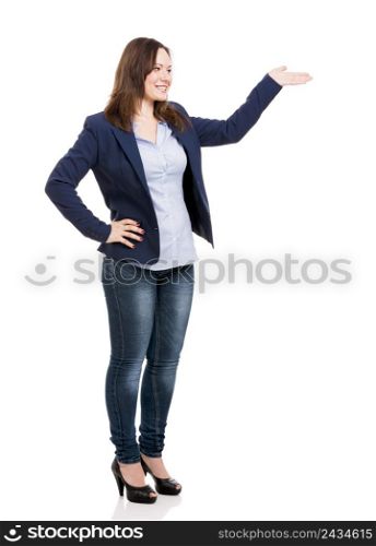 Business woman showing something with her left hand, isolated over white