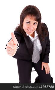 Business woman showing thumb up - focus on finger