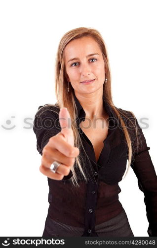 Business woman showing thumb up, isolated over white