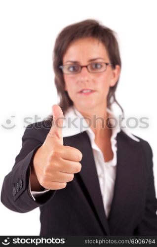 Business woman showing thumb up, isolated over white