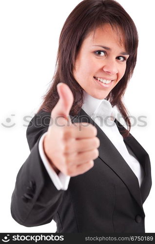 Business woman showing thumb up, isolated over white