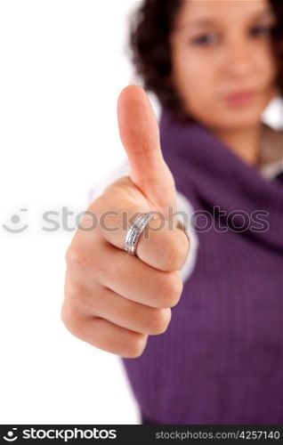 Business woman showing thumb up - selective focus on hand
