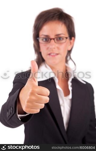 Business woman showing thumb up - selective focus on hand
