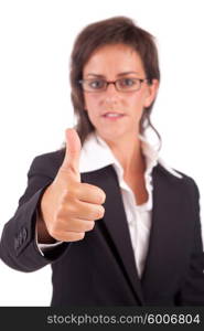 Business woman showing thumb up - selective focus on hand