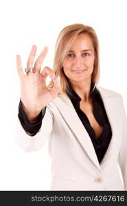 Business woman signaling ok - isolated over white