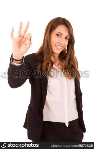 Business woman signaling ok - isolated over white