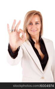 Business woman signaling ok - isolated over white