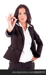 Business woman signaling ok - isolated over white