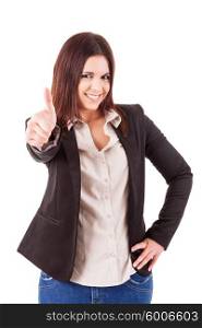 Business woman signaling ok - isolated over white