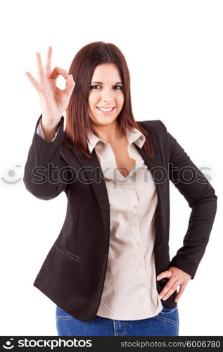 Business woman signaling ok - isolated over white