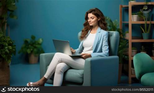 Business woman sit on chair use device netbook online communicate , Created with Generative Ai Technology