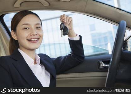 Business Woman Sitting In Car, Showing Keys, Vehicle Interior