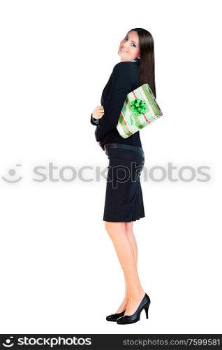 business woman smiles with gift on white background