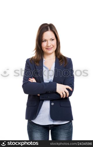 Business woman smiling with hands folded, isolated over white background