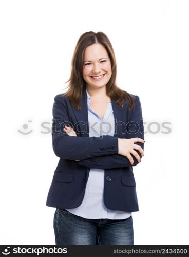 Business woman smiling with hands folded, isolated over white background