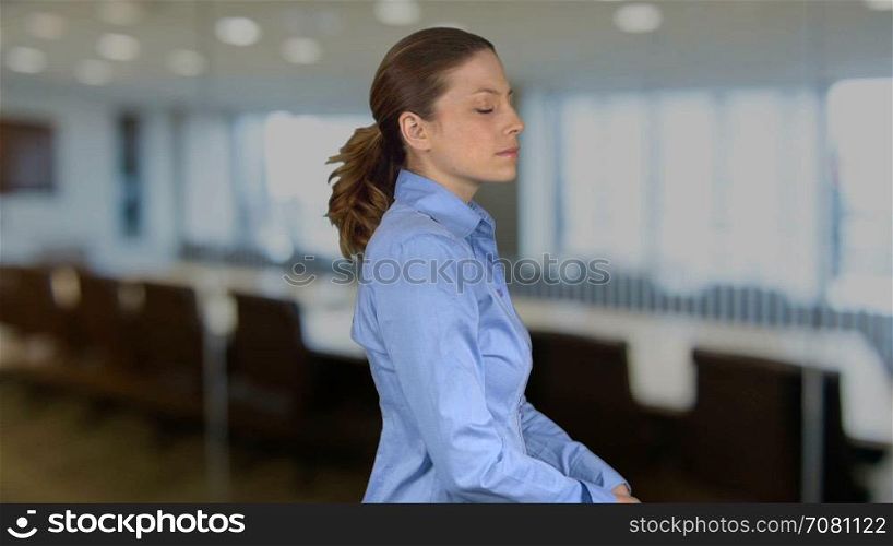 Business woman smirks and poses in an office