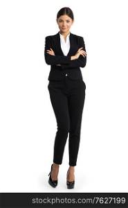 Business woman standing in full length isolated on white background. Beautiful Caucasian young female model in suit.. Business woman isolated on white