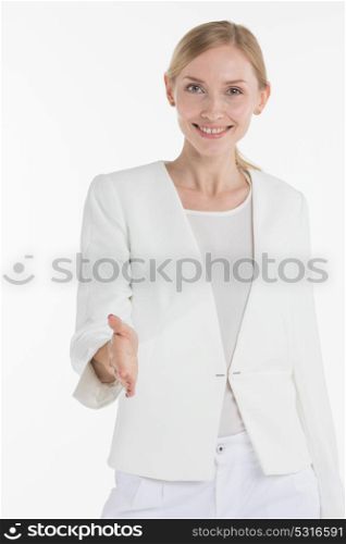 Business woman stretching out hand for shaking. Business woman stretching out hand for shaking, nice to meet you concept, isolated on white background