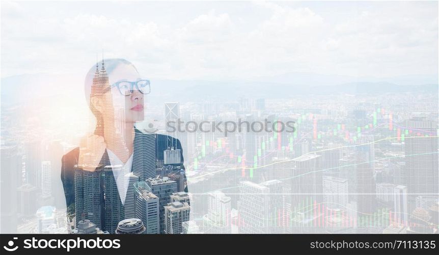 business woman success in suit and eyeglasses / double exposure asian women silhouette lighting effects with city landscape and technology business graph chart background