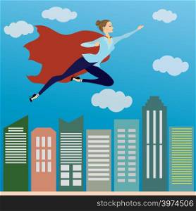 Business woman superhero flying in the sky above the office skyscrapers. Vector illustration. Business woman superhero flying in the sky above the office skys
