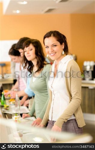 Business woman take cafeteria lunch smiling carry serving tray