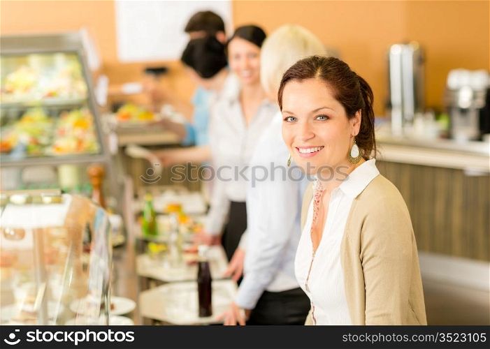 Business woman take cafeteria lunch smiling carry serving tray