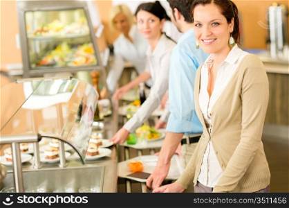 Business woman take cafeteria lunch smiling self service buffet food