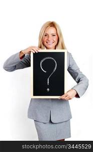 business woman take question sign in hands