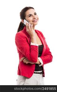 Business woman talking at phone, isolated over a white background