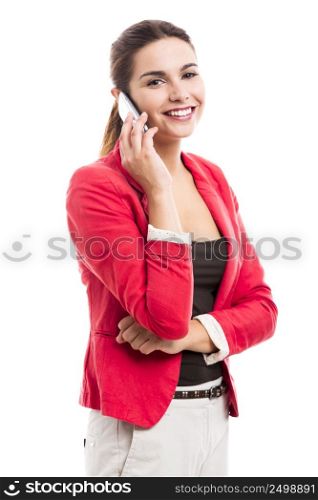 Business woman talking at phone, isolated over a white background