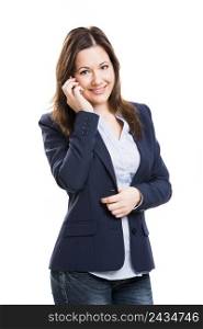 Business woman talking at phone, isolated over white background