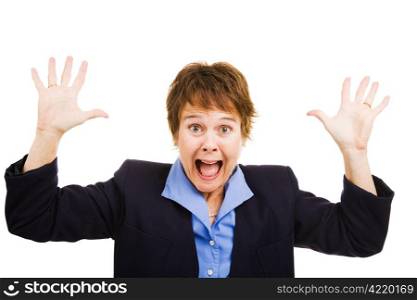 Business woman terrified by the economy or bad news coming. Isolated on white.