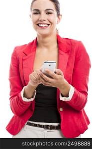 Business woman texting someone, isolated over a white background