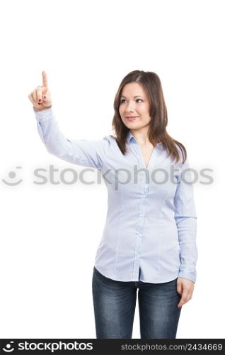 Business woman touching on a glass board with her finger, isolated over white